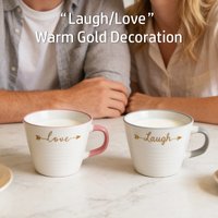 Set of 2 “Love” and “Laugh” Ceramic Mugs, 410ml Inspirational Quote Coffee Cups, White with Gold Script, Gift Box