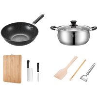 Maxcook 8-delige pannen- en kookgereiset - koekenpan soeppan snijplank snijmes eetstokjes houten spatel schilmes mes
