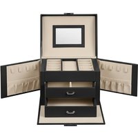 Ochama Travel Jewellery Storage Case with Mirror, 2 Drawers, Lockable, Gift Idea, Black
