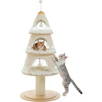 PAWZ Road 130 cm kerstkrabpaal voor katten, kattentoren met 14 cm met sisal beklede krabpaal en 3 grote kattenhutten, grote krabpaal voor huiskatten, wit