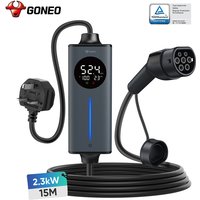 Goneo Portable EV Charger UK 3 Pin Plug Type 2, 15M 2.3kW Adjustable Current, IP66 Waterproof, Electric Car Charger for Home Travel