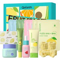 QUIYUM New Year Gift Fruit Skincare Set (11pcs) - Facial Cleanser 100g, Eye Cream 20g, Serum 30ml, Face Cream 50g, Fruit Face Mask 25g×4, with 3-Piece Facial Wet-Proof Set