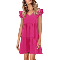 Summer Babydoll Dresses for Women 2025 Cute Ruffle Cap Sleeve V-Neck Flowy Swing Mini Dress Sundress (RoseRed, S)