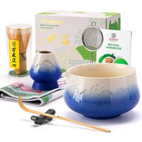 TEANAGOO 7-delige Matcha Set, Blauwe Matcha Klopper Set, Ceremonie Matcha Poeder Kit, Matcha Theeset voor het maken van Latte, Matcha Klopper Set en Kom met Lepel & Zeef, Fuji Ontwerp Keramische Kom, Cadeau voor Matcha Liefhebbers, Nieuwjaarsuitverkoop, Top cadeau keuzes