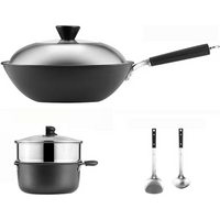 COOKER KING pannenset - 4,5 l gietijzeren wok voor roerbakken + 3 l aluminium soeppan + 304 roestvrijstalen stoompan + 2 spatels