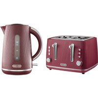 Daewoo Cascade Kettle & 4 Slice Toaster Bundle Set, Textured, 1.7L, Wide Slots, Ruby Red