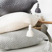 MEROPE, Cotton knit/Fringed Cushion Cover, 50x50cm, ivory, 1pack