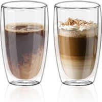2 Pack 450ml Double Walled Tall Coffee Glasses Mugs Cups, for Coffee Tea Milk Juice Ice Cream Dessert, Borosilicate Heat Resistant Large Glass Cups, Microwave Safe, Ideal for Hot and Cold Drinks