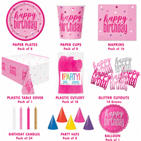 Pink Birthday Party Tableware & Decoration Bundle - 9 Pc - Tablecover, Napkins, Paper Plates, Paper Cups, Napkins, Cutlery, Party Hats, Balloons, Confetti,