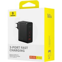 OS-Baseus GaN5 Pro Digital Fast Charger 2C+U 160W EU Cluster Black (With Superior Series Fast Charging Data Cable Type-C to Type-C 240W(48V/5A)