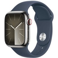 Apple Watch Series 9 GPS + Cellular 45 mm zilverkleurige aluminium kast met stormblauw sportbandje - S/M
