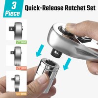 DURATECH 3-delig ratchet-set, 1/4", 3/8", 1/2", 72 tanden, met snelontgrendelingsmechanisme en omkeerbaar ontwerp, gemaakt van verchroomd legeringstaal, volledig gepolijst, georganiseerd in opbergdoos