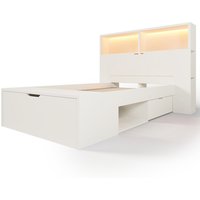 URBAN MEUBLE Houten eenpersoonsbed 90 x 200 cm - Wit - Met opbergladen, LED-verlichting en USB-poorten - Meubels voor kinderen- en jeugdkamers