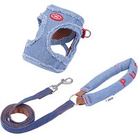 ZEZE Denim Pet Harness & Leash Set, Adjustable Pet Travel Set (XS, fits 1.5 kg–3 kg)