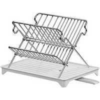 MAXCOOK 2 Tier Foldable Stainless Steel Dish Drying Rack with Removable Drain Tray, Collapsible Space Saving Dish Drainer for Kitchen Counter, Plates Bowls Cups Organizer Holder