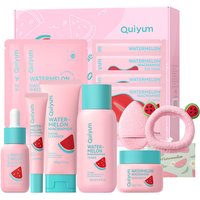 QUIYUM New Year Gift Watermelon Skincare Set (13pcs) - Facial Cleanser 100g, Toner 160ml, Serum 30ml, Eye Cream 20g, Face Cream 50g, Eye Mask 6g×2, Lip Mask 6g×2, Face Mask 25g×2, with Hair Band, Facial Sponge