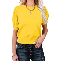 Women's Puff Short Sleeve Sweaters Pullover Shirt Tops Crew Neck Lightweight Knit Sweater Blouses (yellow, XL)