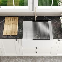 DeerValley Single Bowl Kitchen Sink, 61 x 51cm Fireclay Ceramic Kitchen Sink with Built in Overflow, Include Basket Strainer Cutting Board Grid Drying Rack