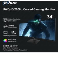 Dahua 34" UWQHD 200Hz Curved Gaming Monitor, Ultra-Wide Gaming Monitor, 3440×1440, 200Hz, VA Panel, 1ms MPRT, DCI-P3 85%, 2×HDMI & 2×DP1.4, Ultra-Wide Immersion, For Simulation / Racing / Productivity