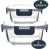 JORDAN&JUDY Black Snap-Lock Food Container 10-Piece Set, High Borosilicate Glass (1040ml*5 + 370ml*5), Sealed Lids, Office Lunch Box Set