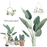 Green Tropical Assorted Leaves Decals Removable PVC Wall Stickers - Living Room Bedroom Office Home Decorations,Green Pot Plants