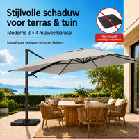 3 x 4 m Donkergrijs Zwevend Parasol, 360° Draaibare Zijmast, Kantelbaar Links/Rechts, Volledig Aluminium Frame, 280 g/m² Garengekleurd PA-Stof, Inclusief Kruisvormige Basis