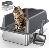VVM RVS Kattenbak met deksel, extra groot, metalen kattenbak voor grote katten met hoge randen, Grijs (niet-klevend, eenvoudig te reinigen, anti-urinelek)