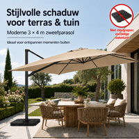 3 × 4 m zweefparasol, taupe, 360° draaibare terrasparasol met zijpaal, links en rechts kantelbaar, volledig aluminium frame, 280 g/m² in de massa geverfde stof met PA-coating, inclusief kruisvoet