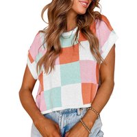 Women's Cap Sleeve Crop Tops Summer Color Block Going Out Crew Neck Knit Trendy Casual Sweater (Pink, XL)