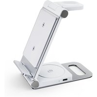 Rexsun 3 in 1 Foldable Wireless Charging Station, Aluminum Alloy Wireless Charger Stand for Multiple Apple Devices - Travel Size for iPhone, Apple Watch, AirPods, Adapter Not Included, T8, Silver-white