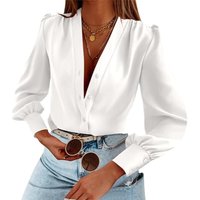 Women's Business Casual Tops Summer Long Sleeve Silk Button Down Shirts V Neck Chiffon Blouses (white, XXL)