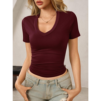 Women's Summer Sexy Short Sleeve Tshirt Tops Deep V Neck Shirts Casual Slim fit Basic T-Shirt Tee (winered, XXL)