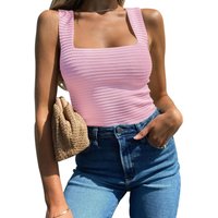 Women's Ribbed Tank Tops 2024 Summer Sleeveless Square Neck Shirts Casual Slim Fitted Knit Shirts (Pink, L)