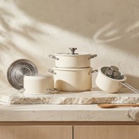 PURE COOK 4-delige 304 roestvrijstalen keukenpannenset | Keramisch gecoate beige pannenset | Gezonde afwerking bestand tegen aanbranden en verkleuring | Geschikt voor alle kookplaten | Melkpan | Soeppan met stoominzet | Hotpot | Stoofpan | Voor koken en dagelijkse maaltijden voor het gezin