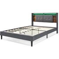 URBAN MEUBLE Grijs 140x200 cm tweepersoonsbed met opbergkasthoofdbord, USB, LED en massief houten lattenbodem – Moderne stijl