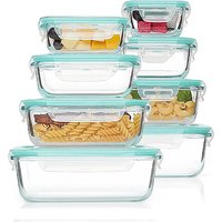 JORDAN&JUDY Rectangular High Borosilicate Glass Food Storage Container 8-Piece Set, Detachable, 150 ml*1+200 ml*1+320 ml*1+370 ml*1+520 ml*1+640 ml*1+800 ml*1+1040 ml*1, Portable Lunch Box, Blue