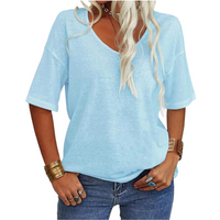 Women Fashion V-Neck Half Sleeves Oversized T Shirt Solid Casual Loose Basic Tops