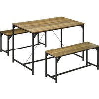 HOMCOM Dining Table & 2 Benches Set Contemporary Dark Oak Effect/Black