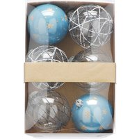 Festive Set of 6 x 8cm Assorted Clear and Blue Baubles