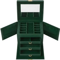 Ochama 4-Tier Jewellery Box, Lockable Jewellery Organiser with Handle, 3 Drawers, Travel Jewellery Case with Mirror, Jewellery Storage, Modern Style, Gift for Loved Ones, Retro Green