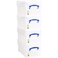 Really Useful Stackable Plastic Storage Box 9L with XL Lid Clear (Pack of 4)
