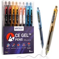 WRITECH Fine Point Gel Pens: 0.5mm Fine Point Black Ink 8ct Big Volume Silent Click Pen Soft Grip Quick Dry Smooth Writing Note Taking No Bleed & Smear ACE Gel