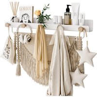 KAPANOU Floating Shelves with Lip, Coat Hooks & Towel Rack, Natural Wood Grain Wall Shelf for Bathroom, Bedroom, Living Room (White), New Year Sale , Top gift picks