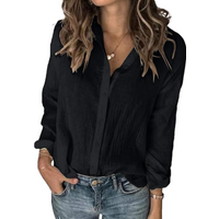 Women's Button Down V Neck Shirts Long Sleeve Blouse Roll Up Cuffed Sleeve Casual Work Plain Tops (black, S)