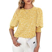 Women's Polka Dot 3/4 Sleeve Blouse Tops Ladies Casual Office Work Crew Neck T-Shirt (Yellow, M)