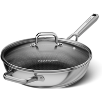 Naturepan High-Carbon Stainless Steel Frying Pan, 28cm with Lid, Diamond Titanium Coating, 5-Layer Construction, Laser Honeycomb Texture, Induction-Compatible, Heat-Resistant Handle, Dishwasher-Safe