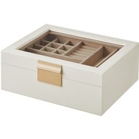 JOYFURNOS Jewellery Box with Glass Lid, 2-Layer Jewellery Organiser with Removable Tray, Jewellery Storage, Modern Style, Gift for Loved Ones, Cloud White and Metallic Gold