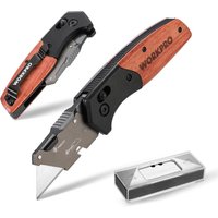WORKPRO opvouwbaar mes met houten handvat en schuifvergrendeling, opvouwbaar multitoolmes, vloermes, snelwisselmes met riemclip, inclusief 10 SK5 vervangmesjes.