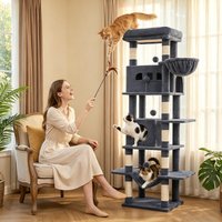 212,5 cm hoge krabpaal, 8 sisalpalen, klimrek met zes verdiepingen, dubbele holen + groot platform, stabiele krabpaal voor meerdere katten.