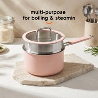 PURECOOK Colored Ceramic-Coated 316 Stainless Steel 2-Piece Milk Pot with Steamer Insert Series | 316 Milk Pot (Exterior: pink Ceramic Coating, Interior: 316 Stainless Steel), Stainless Steel Handle Wrapped in Silicone, Earless Steamer Insert, with Silicone Glass Lid